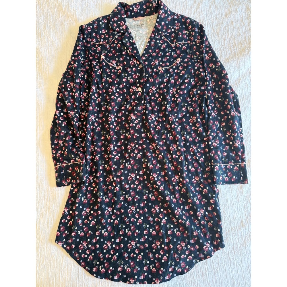 Wrangler Sleepwear Womens Floral Western Sleep Shirt Navy Pink Cotton Medium NWT